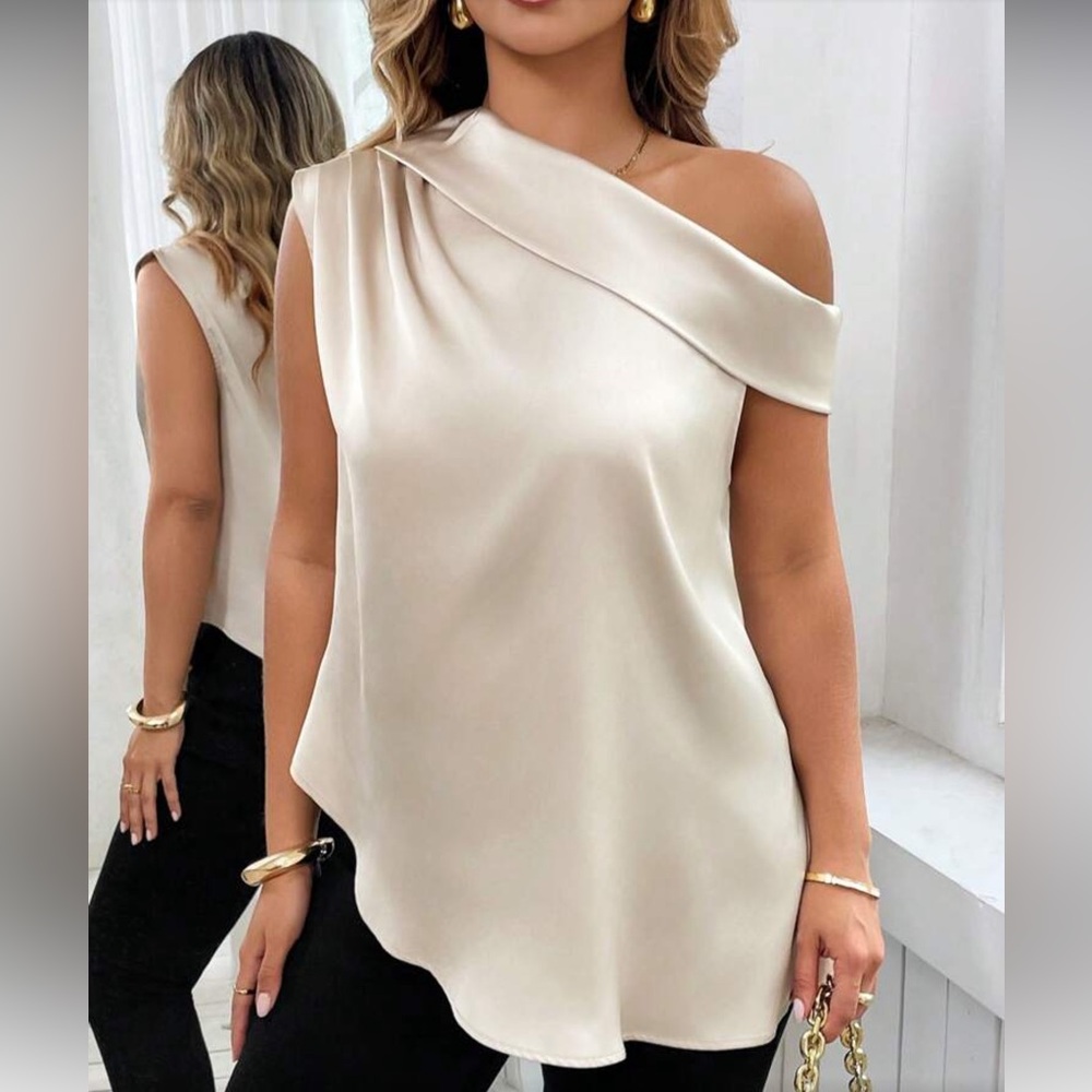 Off-Shoulder Cream Satin Blouse - Elegant Women’s Top - Picture 5 of 5